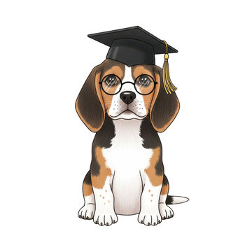 Cute beagle puppy wearing a graduation cap and glasses isolated on transparent background
