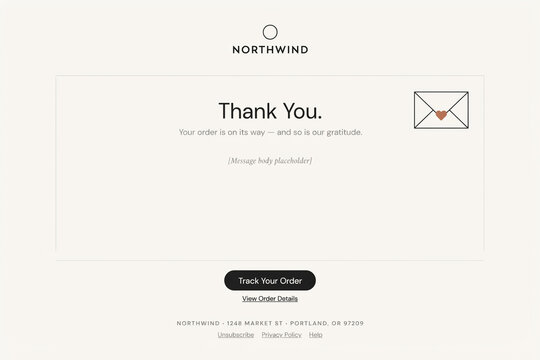 Minimalist order confirmation email template, clean thank you message interface, modern e-commerce transaction layout with envelope icon