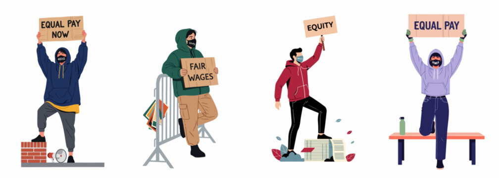Vector illustrations of diverse protesters holding signs for equal pay, fair wages, and equity in the workplace.