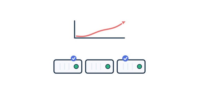 One server icon duplicates into three as an upward load graph grows.