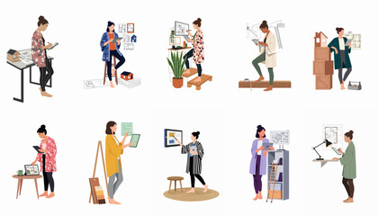 Fototapeta premium Collection of ten flat vector illustrations showing creative women working in various modern office and home studio environments on white background.