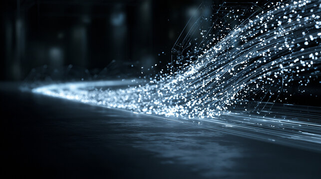 Abstract stream of glowing light particles and lines representing data flow and digital connections.
