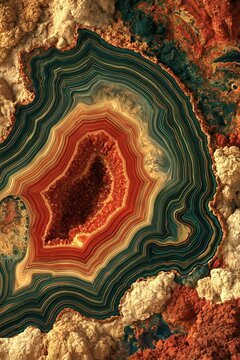 Layered green red and gold agate formation with a dark crystalline center and concentric mineral bands vertical composition resembling polished natural stone Theme of geological texture