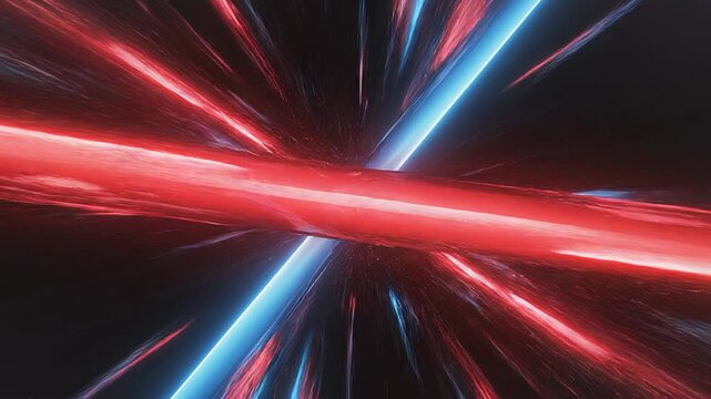 Crimson and azure laser beams converging in a dark abstract tunnel with dynamic light streaks