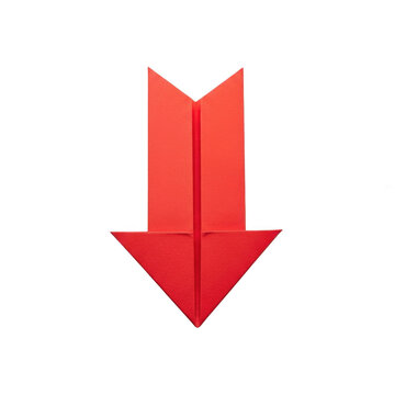 Red paper origami arrow pointing down isolated on transparent background