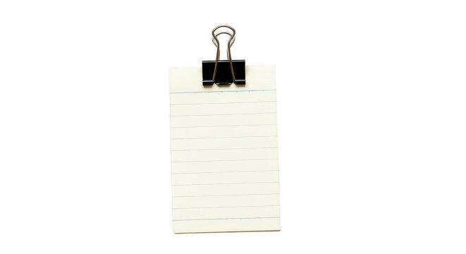 Small paper note attached with a black metal binder clip isolated on transparent background