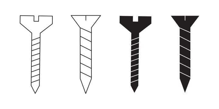 Screw Icon Collection, Phillips and Slotted Screw Fastener Symbols in Outline and Solid Black Designs, Construction Hardware and Industrial Fixing Tool Illustration