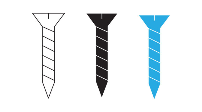 Screw Icon Collection, Phillips and Slotted Screw Fastener Symbols in Outline and Solid Black Designs, Construction Hardware and Industrial Fixing Tool Illustration