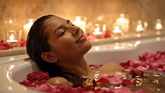 Woman relaxing in rose petal bath surrounded by flickering candlelight for intimate spa treatment ambiance, self-care wellness moments, tranquil escape, and luxury well-being promotions video.