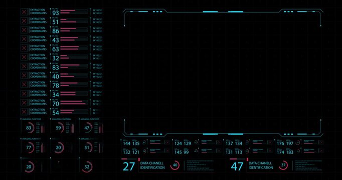 High-tech HUD dashboard shows a large blank monitoring panel with data channels, extraction coordinates and digital indicators.