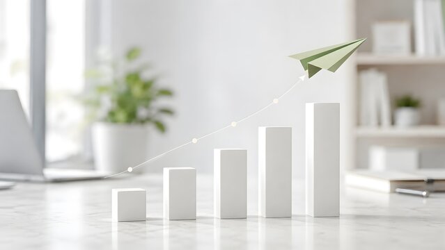 Sustainable business growth and eco friendly startup progress with green paper airplane and white blocks