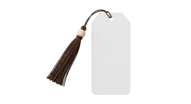 Blank paper gift tag with a decorative brown tassel isolated on transparent background