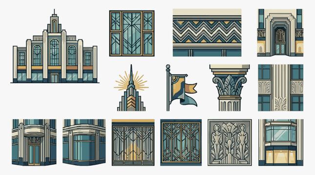 Corporate Art Deco Style Architecture and Ornament Collection with Geometric Patterns Windows Columns and Symbolic Icons