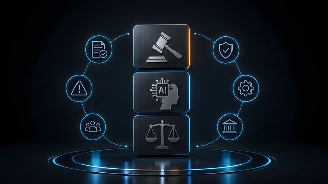 Glowing neon icons around artificial intelligence legal blocks illustrating cyber law algorithmic justice and futuristic technology regulation