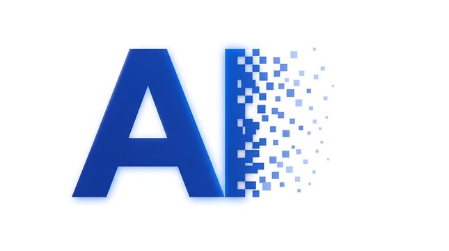 Artificial intelligence logo disintegrating into digital pixels illustrates data transformation, high tech processing, and modern software.