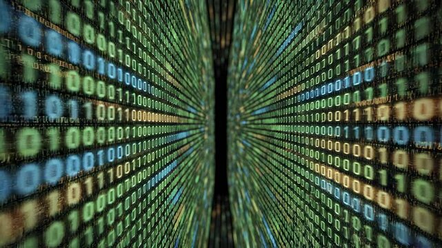 Digital data streams flowing through abstract green geometric patterns with subtle light shifts
