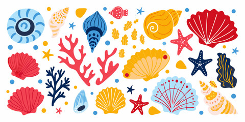 Assorted seashells starfish and coral in a colorful vector illustration © Juthika