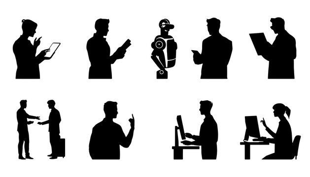 Collection of people silhouettes using computers, tablets and digital devices in modern work situations.