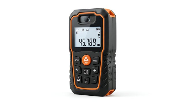 Digital laser distance meter for precise construction measurement and architectural surveying.