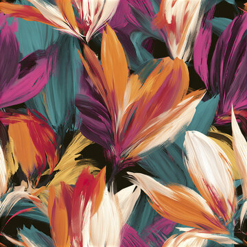 Abstract floral pattern with vibrant orange, purple, teal, and cream brush strokes creating energetic botanical design