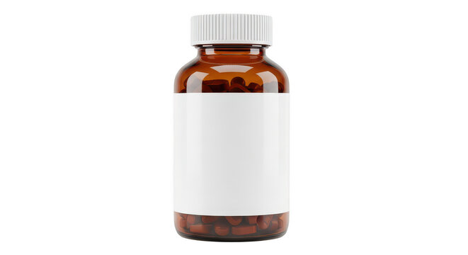Brown plastic medicine bottle with blank white label isolated on transparent background