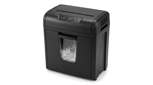 Black paper shredder machine for office document security and data protection on white