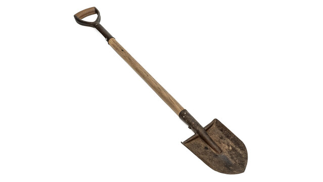 Traditional metal spade shovel with long wooden handle digging tool isolated on transparent background