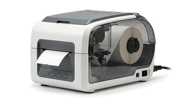 Modern desktop thermal label printer for shipping and logistics isolated on white background