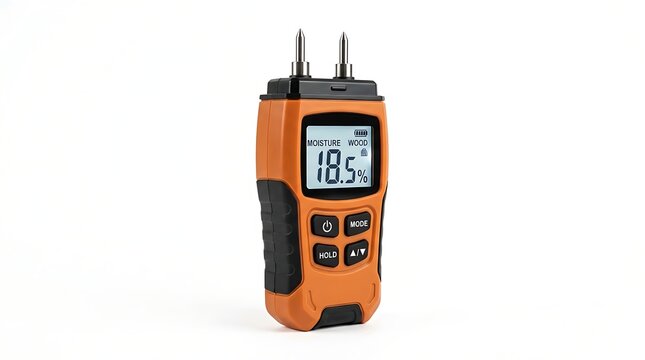 Digital moisture meter for wood and building materials isolated on white background.