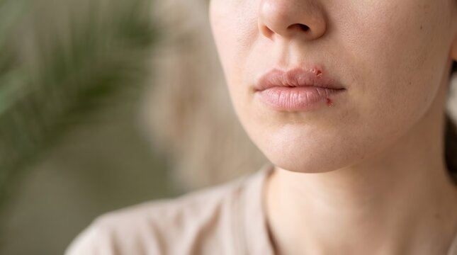A close-up of a woman's lips showing a herpes simplex virus infection and painful blisters. AI generated.