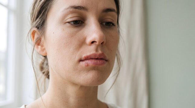 A close-up of a woman's lips showing a herpes simplex virus infection and painful blisters. AI generated.