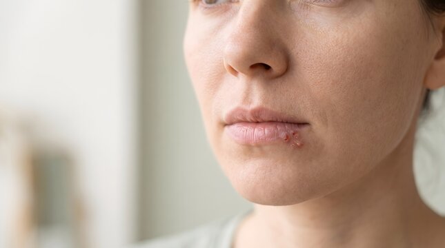 A close-up of a woman's lips showing a herpes simplex virus infection and painful blisters. AI generated.