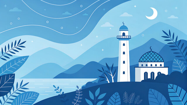 Mosque with minaret at night, Islamic architecture landscape illustration in blue tones