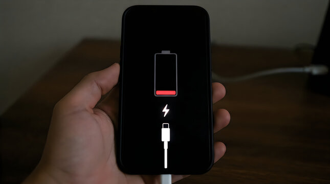 Smartphone with low battery icon charging in hand illustration