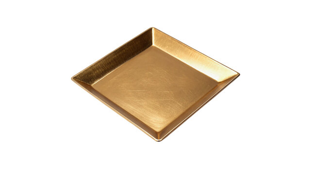 Empty square luxury golden metallic display tray plate presentation asset isolated on transparent background
