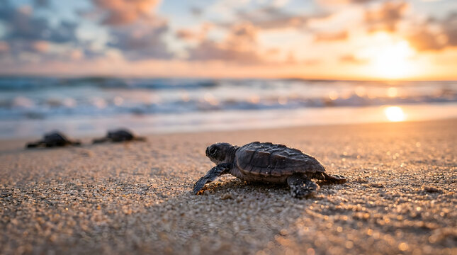 Loggerhead sea turtles (Caretta caretta) hatchlings on beach sunset time
