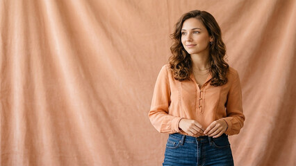 Fototapeta premium Young adult woman smiling, posing stock copy space image. Business product brand add option.