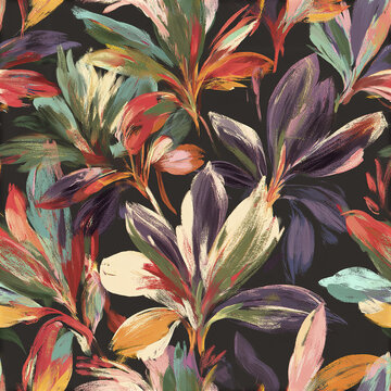 Seamless Fauvist botanical pattern with loosely painted colorful leaves and flowers creating vibrant artistic texture