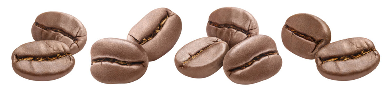 Set of roasted coffee bean compositions, isolated on transparent cutout background
