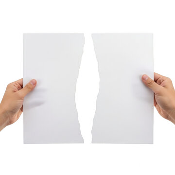 Two hands holding a piece of torn white paper isolated on transparent background