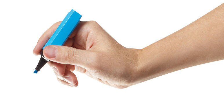 Hand holding blue highlighter ready for writing, isolated on transparent cutout background