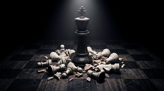 Sole black king chess piece standing victorious over scattered broken white pieces on dark chessboard symbolizing dominance and defeat.