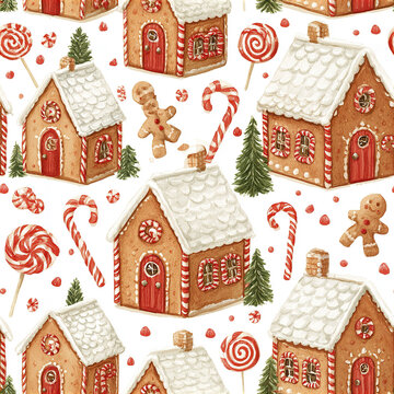Gingerbread house pattern with candy canes, lollipops, gingerbread men, and pine trees creating festive holiday mood