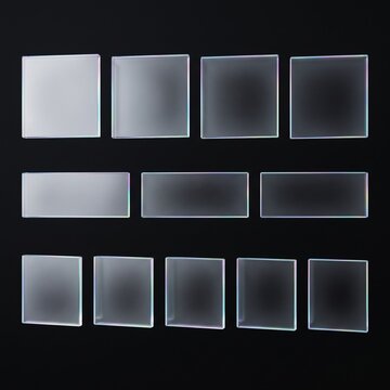 Collection of transparent iridescent glass rectangles and squares arranged on gray background, representing glassmorphism design, modern user interface elements and digital app template.