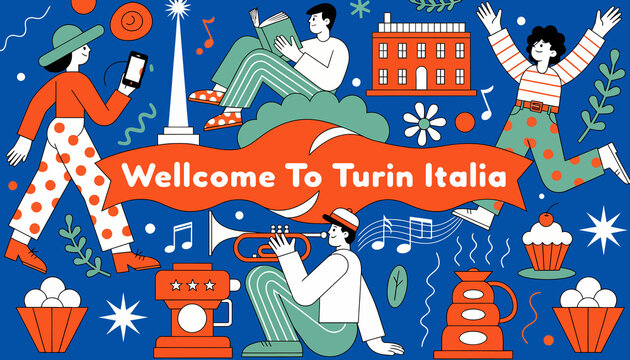 Welcome To Turin Italia: Vibrant City Illustration with People, Landmarks, and Cultural Elements