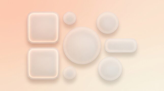 Collection of soft frosted glass rounded shapes and circles on warm gradient background, representing glassmorphism design, modern user interface buttons and minimal digital template.