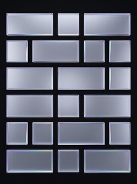 Collection of transparent iridescent glass rectangles and squares arranged on gray background, representing glassmorphism design, modern user interface elements and digital app template.