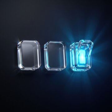 Three dimensional glass toggle switch icons glowing blue on dark background, representing digital interface, technology settings, power button and modern user experience design element.