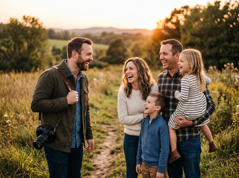 Professional male photographer engaging with family during sunset outdoor