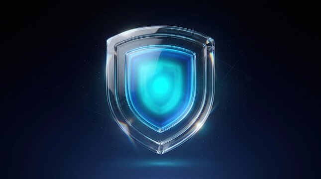 Transparent glass shield glowing bright blue on dark futuristic background, representing cybersecurity, protection, safety technology and digital defense concept icon design element.